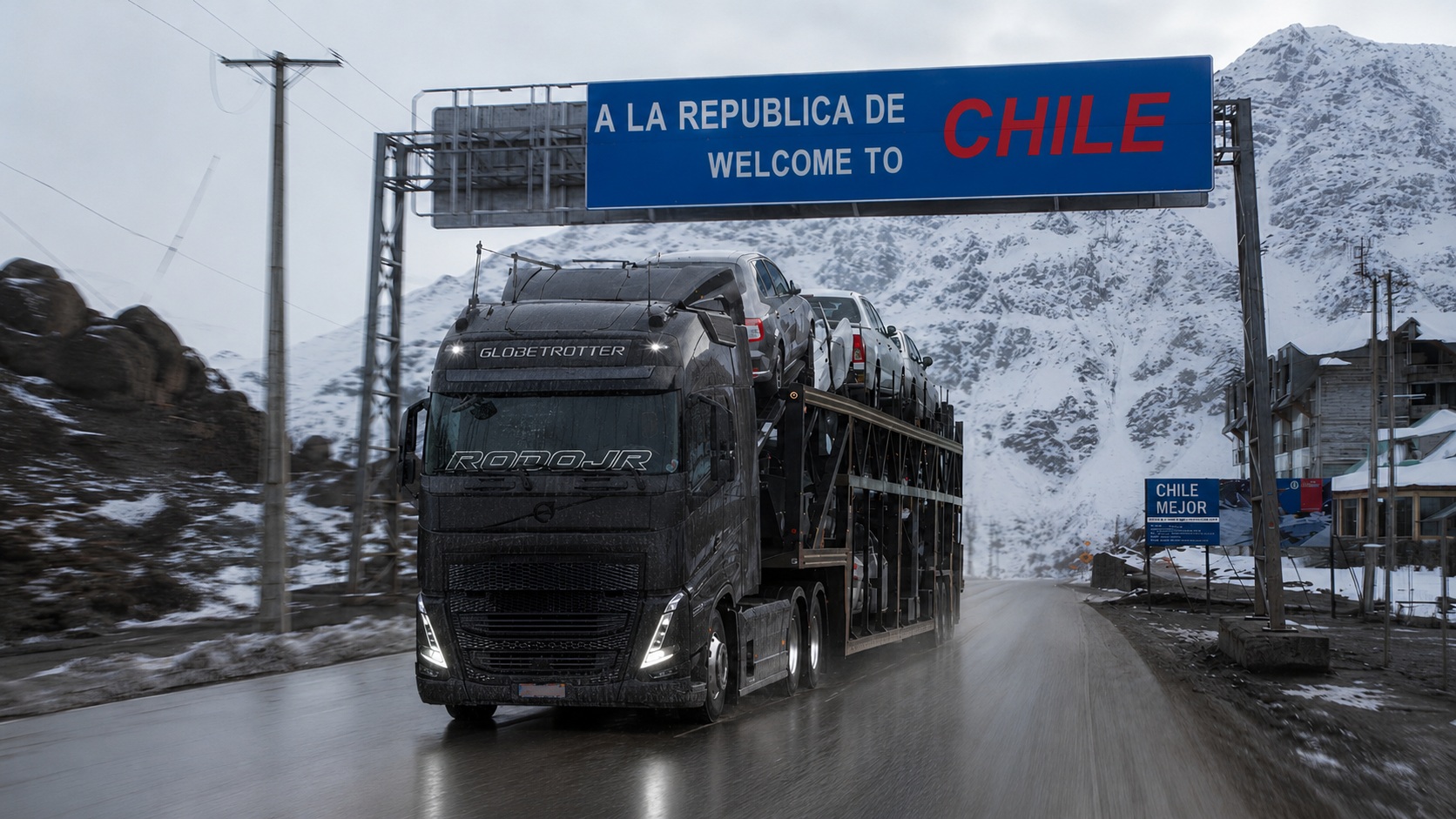 Cegonha Volvo cruzando a fronteira do Chile na cordilheira dos Andes